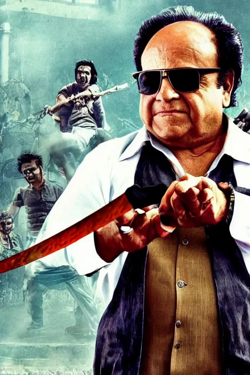 Prompt: danny devito india action movie poster bollywood, machete, ninjas, crime lord in sunglasses and suit