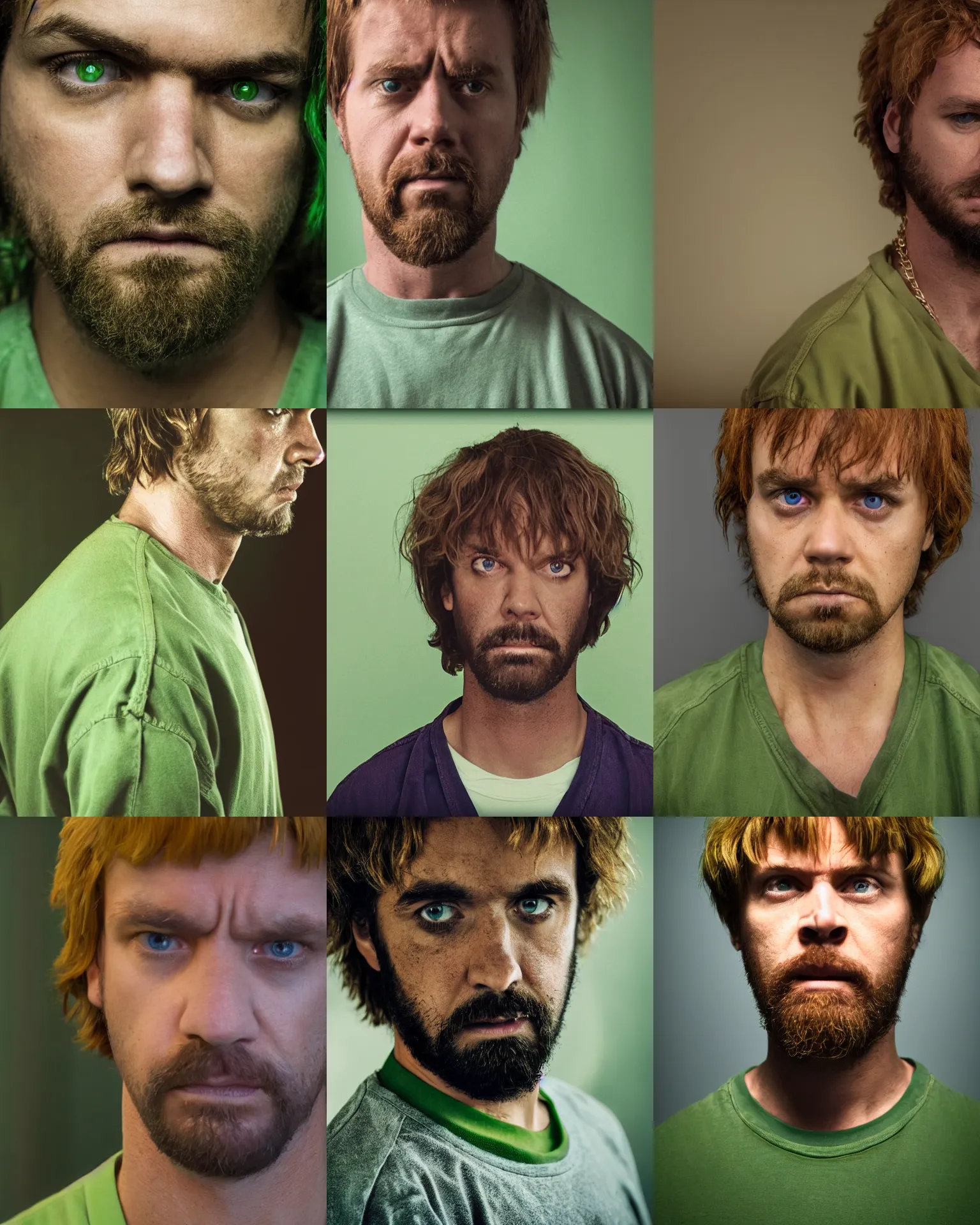 Prompt: closeup prison mugshot of shaggy, dramatic lighting, dirty green clothes, neck shackle, low saturation, somber expression, soft vignette, soft focus, 5 0 mm, 4 k, scooby doo screenshot