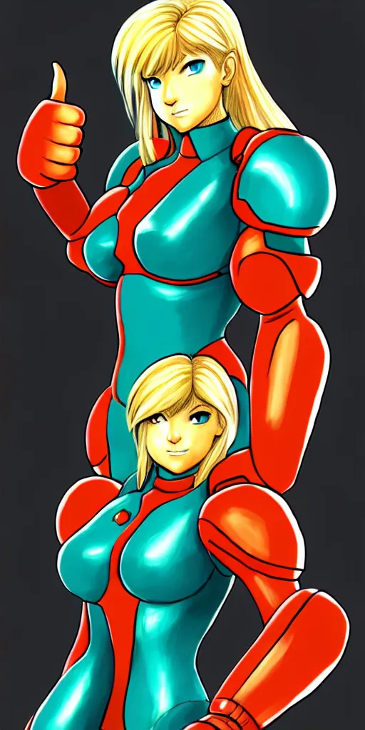 Prompt: Samus Portrait of her doing a thumbs up, KKG Artbook by ZeroNis, Character Design MMRPG Job System