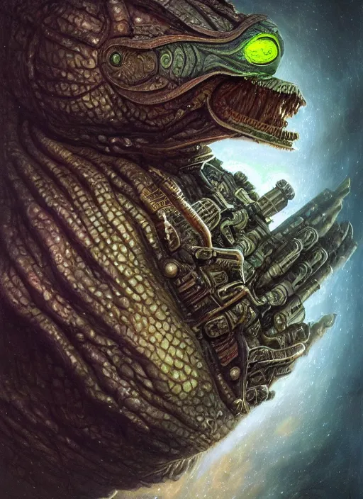 Image similar to spaceship mf doom reptile eyes, cosmic horror, intricate, elegant, highly detailed, centered, digital painting, artstation, concept art, smooth, sharp focus, illustration, artgerm, tomasz alen kopera, peter mohrbacher, donato giancola, joseph christian leyendecker, wlop, frank frazetta