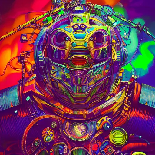 Image similar to An extremely psychedelic experience, colorful, surreal, mecha, robot portrait,LSD, face, jet turbine, tarot, detailed, intricate, elegant, highly detailed, super detailed, insane detailed, digital painting, concept art, smooth, sharp focus, unreal engine, illustration, art by josan gonzales, Krenz Cushar, Marco Plouffe, dan mumford, Artem Demura and alphonse mucha