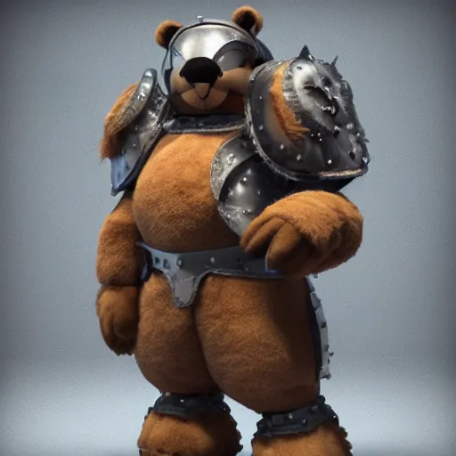 Image similar to 3 d render, octane, redshift, fur, teddy bear wearing medieval knight armor, cgsociery, featured in artstation