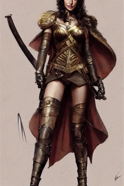 Prompt: highly detailed steampunk gal gadot standing, cape, sword : leonardo da vinci, greg rutkowski, magali villeneuve