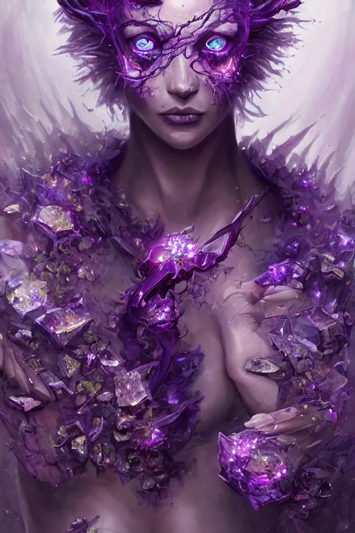 Image similar to torso closeup model wearing demonic crystal dress in purple flowers, sorcerer, diamonds, angel, fantasy, dramatic lighting, highly detailed, digital painting, holding electricity, magic the gathering, hyper detailed, 3 d render, hyper realistic detailed portrait, peter mohrbacher, wlop, ruan jia