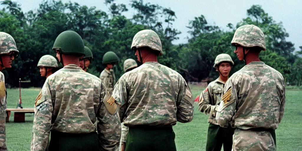 Image similar to u. s. soldiers in vietnam war, u. s. soldiers playing ping - pong on the base, portrait closeup, face closeup, coloured film photography, ken burns photography, lynn novick photography