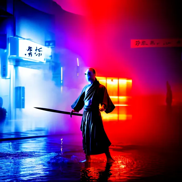 Prompt: cyber monk water dance slashing sword water, detailed bushido form water, fighting stance energy, shibuya prefecture, cinematic neon uplighting, fog mist smoke, photorealistic, night photography by tomino - sama