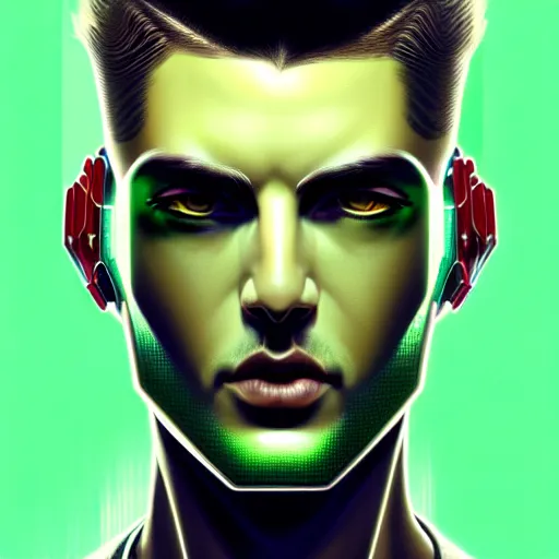 Prompt: man with extremely large and intricate haircut with angry green eyes and slim features looking askance, eye cyberpunk bionics, retro futurist style, intricate, elegant gleaming intricate baroque jewelry, angelic halo, highly detailed, digital painting, artstation, concept art, smooth, sharp focus, illustration, art by wlop, mars ravelo and greg rutkowski,