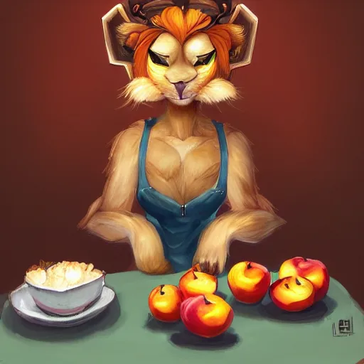 Prompt: a painting of an anthropomorphic lioness sitting at a table with apples, a character portrait by lois van baarle, trending on deviantart, furry art, speedpainting, furaffinity, tarot card, yoshitaka amano style