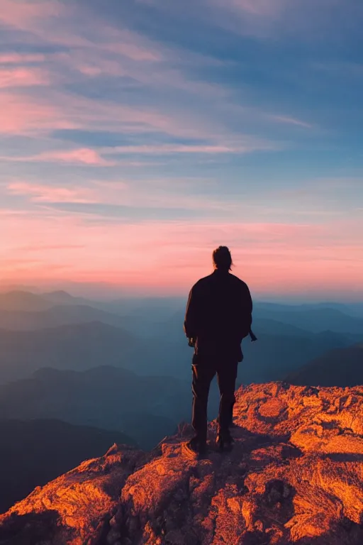 Image similar to a movie still of a man standing on the top of a mountain at sunset, golden hour