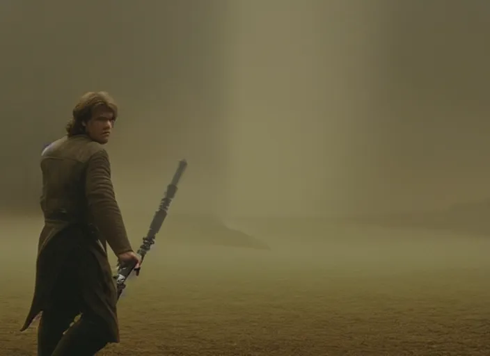 Image similar to epic still of Han Solo using lightsaber in foggy environment, approaching an ancient temple in the distance, iconic scene from the 1980s film directed by Stanley Kubrick, cinematic lighting, kodak film stock, strange, hyper real, stunning moody cinematography, with anamorphic lenses, crisp, detailed portrait, 4k image