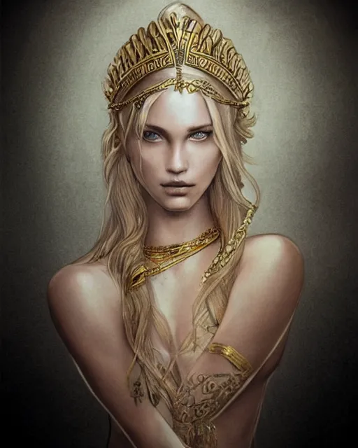 Image similar to tattoo design sketch of hot blonde super model as aphrodite greek goddess wearing a gold laurel wreath and triangle earrings, beautiful piercing gaze with sharp pupils, in the style of greg rutkowski, fantasy, amazing detail, epic, elegant, smooth, sharp focus, front view