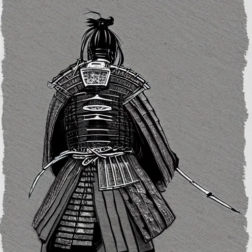 Image similar to A PORTRAIT FROM BEHIND OF A SAMURAI ,THE THE MAN IS WRAPPED IN CHAINS ,detailed, concept art, ink style , sketch