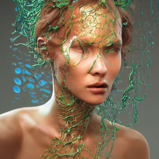 Prompt: a highly detailed digital image of a futuristic woman beautifully intertwined in liquid like leaves, by Andrew Chiampo, artstation, and Frederik Heyman, extremely detailed woman, stunning volumetric lighting, hyper realism, fantasy 4k