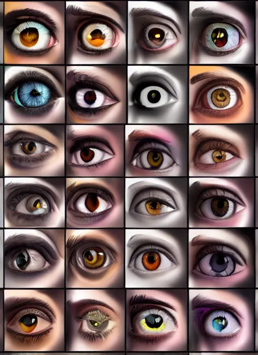 Prompt: grid montage of eyes, detailed colored textures, eyelashes, advanced art, art styles mix, from wikipedia, wet reflections in eyes, sunshine lighting, hd macro photograph, from side, various eyelid positions, black sphere pupil centered