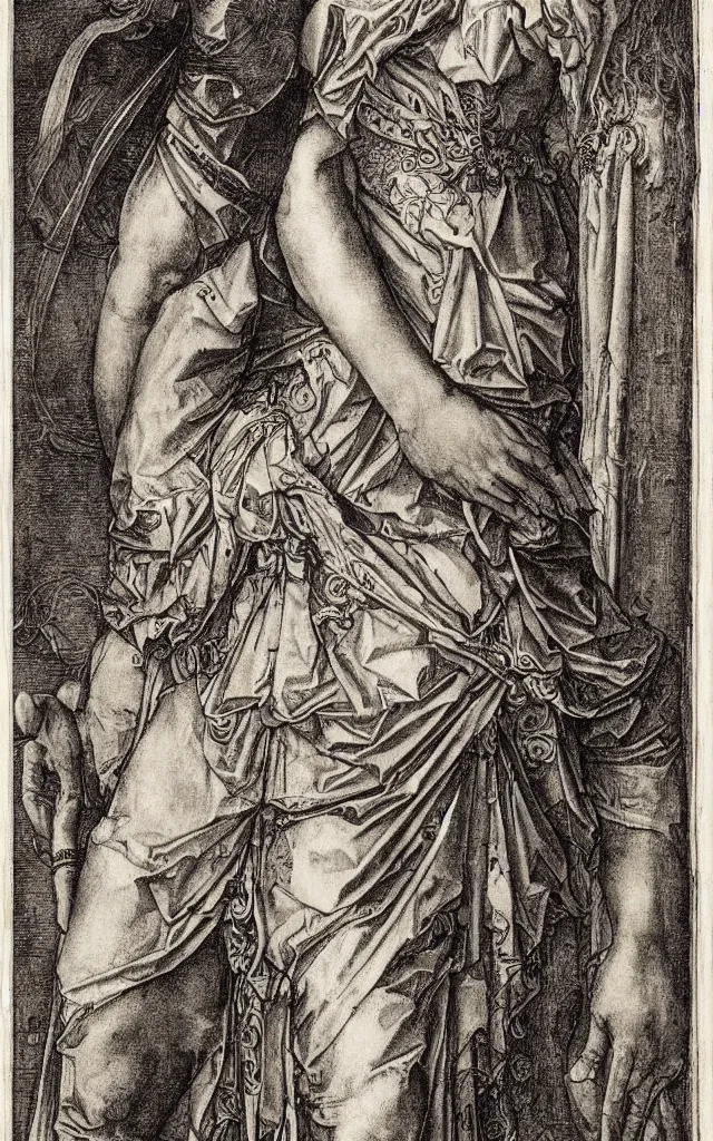 Prompt: Albrecht Durer engraving of a syncretist goddess who combines the attributes of Diana, Athena, Guanyin, Shakti, Seshat, and Deborah