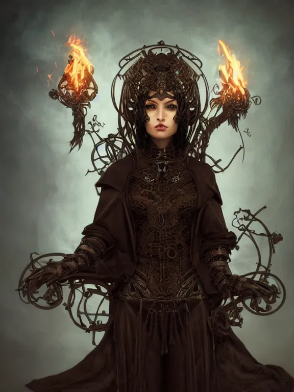 Prompt: dark evil steampunk pyromancer woman, detailed facial features, ornamental halo, black shirt, brown body, coat, intricate robes, sitting on obsidian throne, fractal fire background, sharp focus, highly detailed, cinematic lighting, studio quality, colorful, smooth render, unreal engine 5 rendered, octane, rendered, by artgerm, greg rutkowski, alphonse mucha