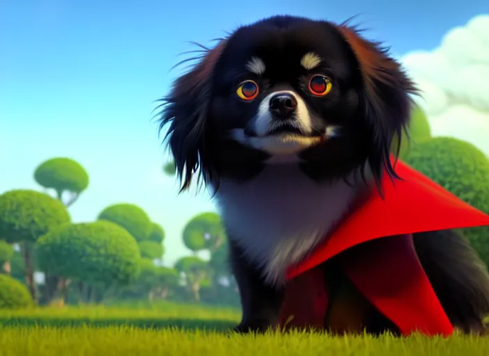 Image similar to a wholesome animation key shot of a black tibetan spaniel, wearing a red cape, flying, studio ghibli, pixar and disney animation, sharp, rendered in unreal engine 5, anime key art by greg rutkowski, bloom, dramatic lighting