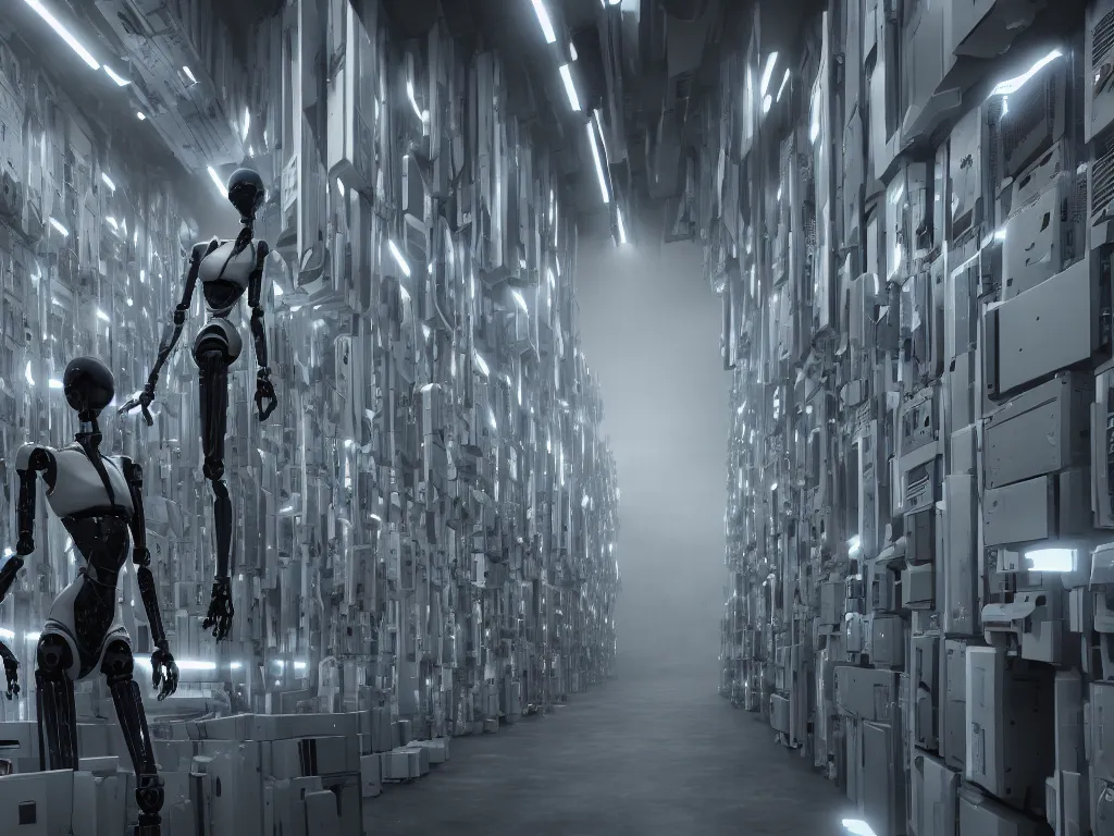 Prompt: a tall female robot guarding a wall of computers, confident, moody, dramatic, introspective, 8 k, octane render, photorealistic, hyper detailed, perfect lighting