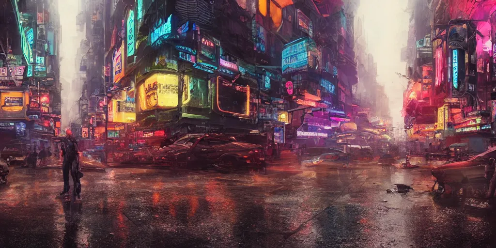 Image similar to a guatemalan crowded cyberpunk city with the fifth element vibe with neon ads and signs with evocative dramatic mood with blade runner vibe with cars and floating vehicles with motion blur with depth of field with bloom with lightshaft with volumetric lights, fog, by jeremy mann, oscar winning graphics, photo realistic, bloom, imax, dynamic lighting, artstation,