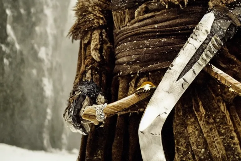 Image similar to movie scene closeup penguin wearing fishbone armor holding a katana sword in a lush arctic. by emmanuel lubezki