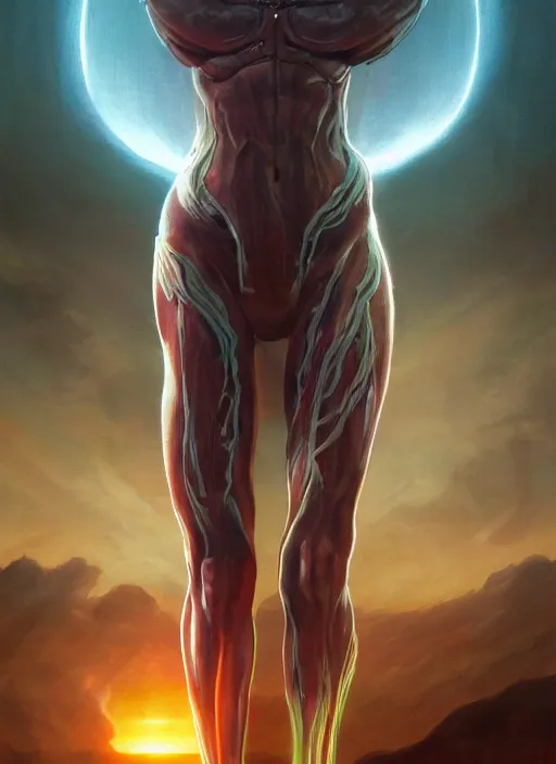 Image similar to biblical female android, glowing veins, in clouds, sunset, big eyes, portrait by wayne barlowe, studio lighting, muted colors, by frank frazetta, extreme detail, reflections, trending on artstation, 8 k