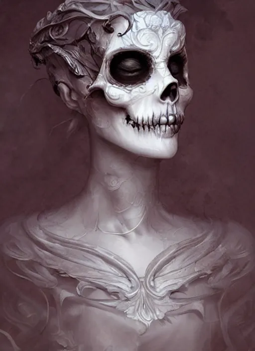 Image similar to a woman wearing a white mask with an ornate skull on her face, a marble sculpture by bastien lecouffe - deharme, featured on zbrush central, gothic art, zbrush, marble sculpture, grotesque