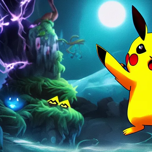 Image similar to a poster of pikachu in the style of ori and the blind forest