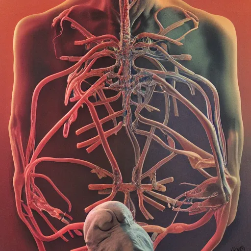 Image similar to a 3 d medical diagram of charles manson giving birth to ronald reagan, circulatory system and nerves, high definition, blender, perfect symmetry, by peter voss, by michelangelo, by zdzislaw beksinski, 8 k