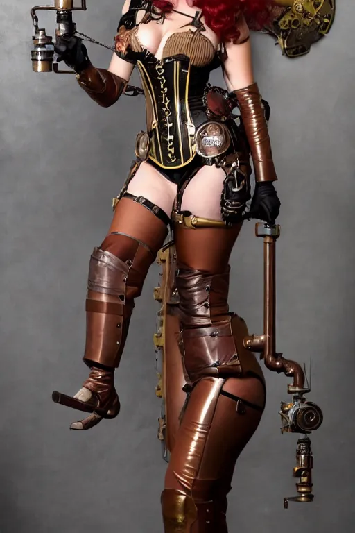 Prompt: Steampunk Pin-up girl, alluring, latina skin, red hair, long straight hair, fully armor, brass colored armor coat, brown corset, black skintight bodysuit underneath armor!, gears, goggles on forehead, posing, trending on artstation, artstationHD, artstationHQ, acrylic painting, realistic, no extra arms!