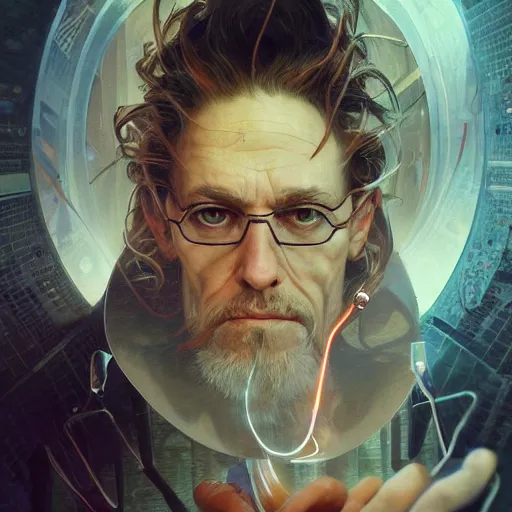 Prompt: portrait of a mad scientist in 2500, advanced technology, intricate, headshot, highly detailed, digital painting, artstation, concept art, sharp focus, cinematic lighting, illustration, art by artgerm and greg rutkowski, alphonse mucha, cgsociety