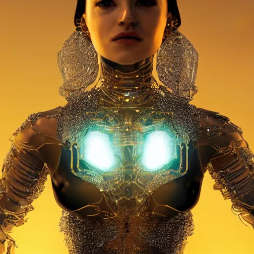 Image similar to woman full body, ethereal, biomechanical, cyberpunk, covered in diamonds and other gems glowing, elegant posed intricate, extremy detailed andrew chiampo, frederik heyman, beeple, cgsociety, artstation. cinematic lighting, highly detailed 4 k art