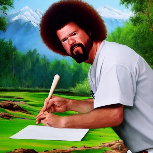 Image similar to a closeup photorealistic photograph of bob ross working on an image of kenny powers autographing a baseball on a canvas. mountains and trees. film still. brightly lit scene. this 4 k hd image is trending on artstation, featured on behance, well - rendered, extra crisp, features intricate detail, epic composition and the style of unreal engine.