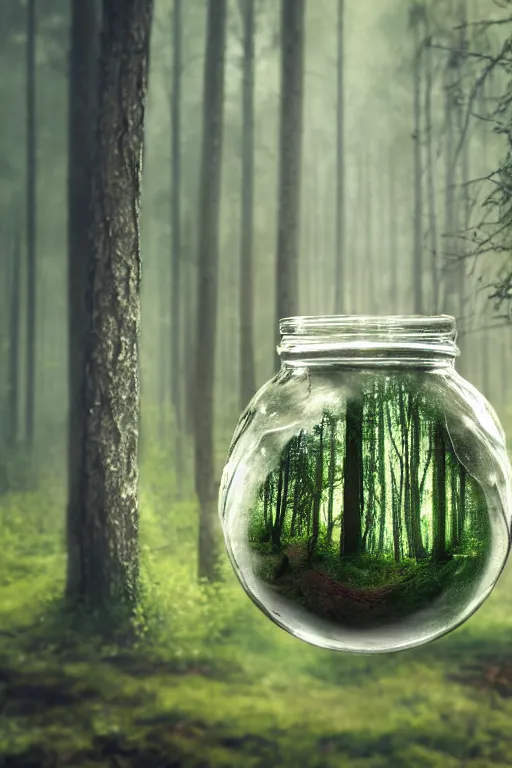 Prompt: close up of a glass jar with a summertime forest inside, standing in a moolit winter forest in the summer, bokeh, intricate detail, highly detailed, hyperrealistic, volumetric lighting, cgsociety, sense of awe, mystical, 8 k, beautiful digital art