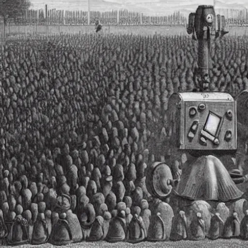 Image similar to levitating robot bots in front of hundreds of dead people , old photograph , 1824 , HD , 4k , realistic