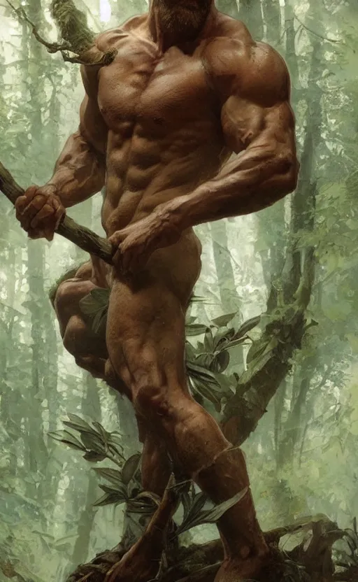 Prompt: god of the forest, 3 0 years old, rugged, male, gorgeous, detailed face, amazing, thighs!!!!!!, muscular, intricate, highly detailed, digital painting, artstation, concept art, sharp focus, illustration, art by greg rutkowski and alphonse mucha