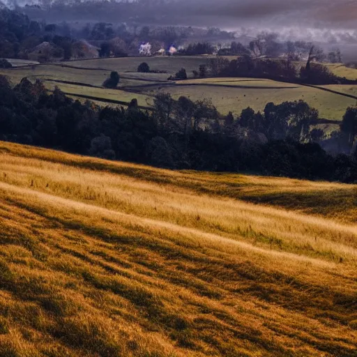 Image similar to open field of teeth, rolling hills, mist, valley, downhill