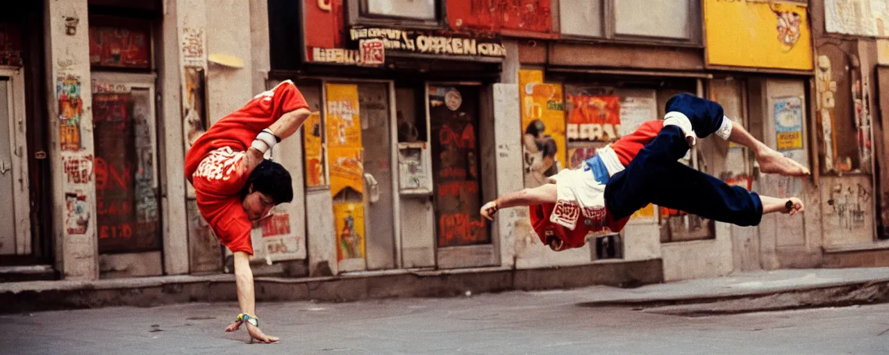 Image similar to 1 9 8 0's breakdancing next to a boombox,!!! spaghetti, nyc, afternoon light, detailed, canon 2 0 mm, wes anderson, kodachrome