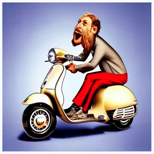 Image similar to a drunk man on a Vespa CGI 90s comedy album cover. Christian Vespa pop album cover.