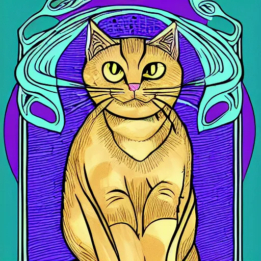 Image similar to Super math wizard cat, in Art Nouveau style, illustration for tarot card