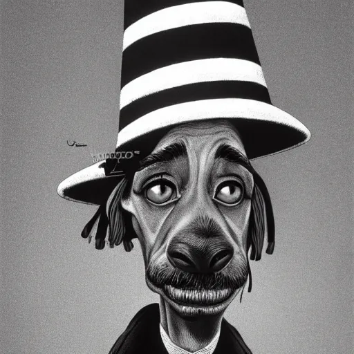 Prompt: a smiling Snoop Dog with a tall hat and a black and white striped suit, grunge, loony toons style, illustrated by zdzisław Beksiński and dr seuss., Trending on artstation, artstationHD, artstationHQ, 4k, 8k