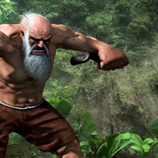 Prompt: realistic image of heihachi Mishima fighting in the jungle