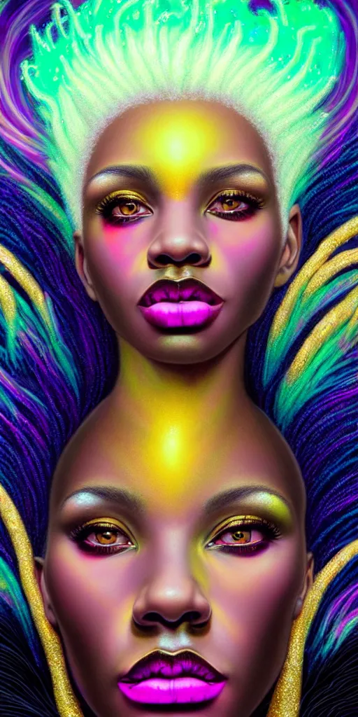 Image similar to hyperrealistic close-up of beautiful black woman with white hair and iridescent gold skin hannah yata dramatic neon lighting