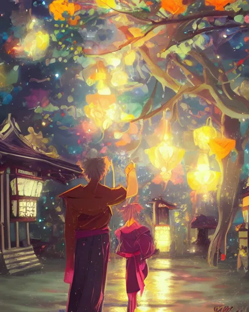 Prompt: beautiful anime painting of a boy and a blonde girl from behind at a shinto shrine looking up at the night sky illuminated by colorful new years fireworks, by WLOP and Slawek Fedorczuk and rossdraws, trending on artstation, concept art