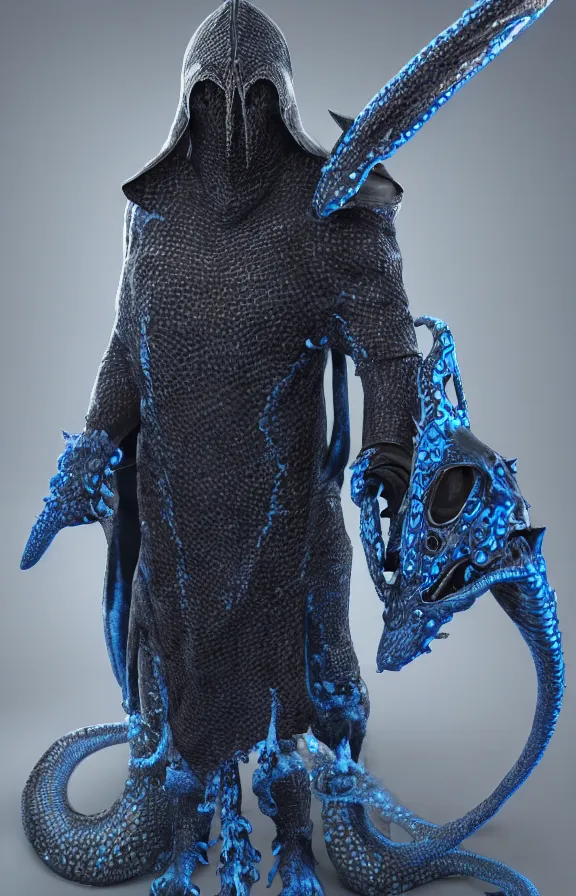 Image similar to detailed hypperrealistic artstation render, full body front view of a scaly black cloaked man, wearing a metallic blue squid mask. he holds in his hand a large knights blue greatsword, in addition tentacles emerge from his back like wings