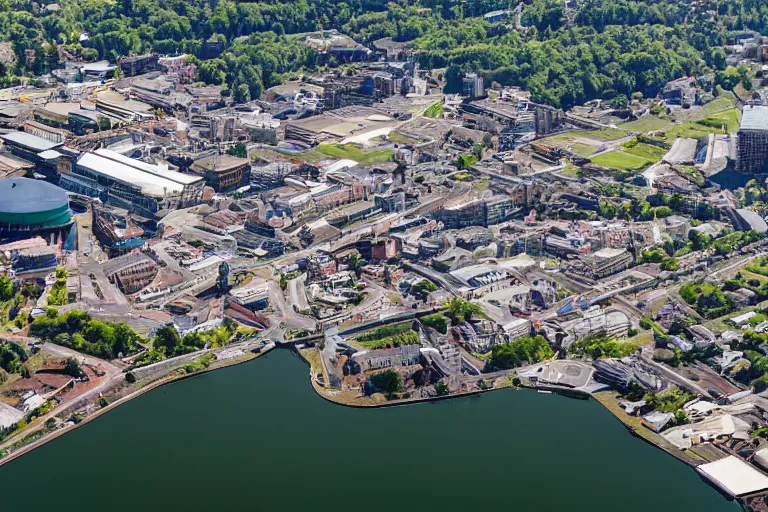 Image similar to bird's eye view photography of a small city. town hall, central farm, monorail station, inlet and shipping dock. hills, woods and pond to the north.