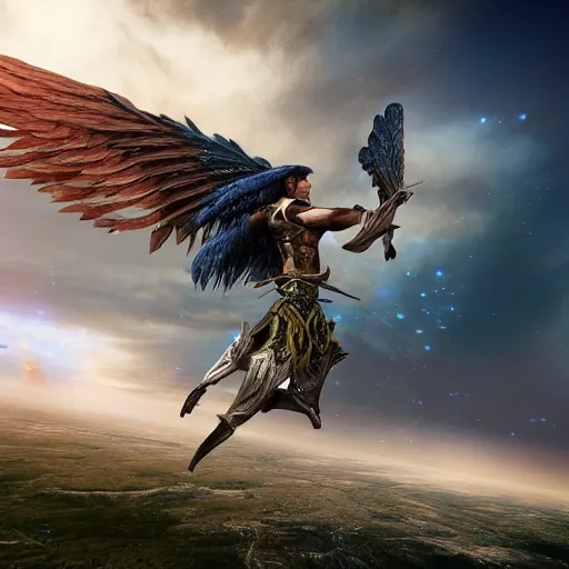 Prompt: hyperrealistic render of a winged male fantasy warrior flying through a magical world