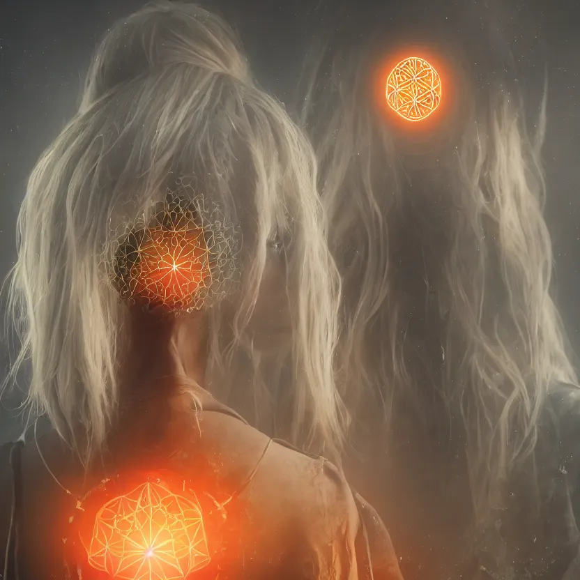 Image similar to closeup portrait of a beautiful guard with blonde hair seen from the back in front of a dystopian (orange fog) merkabah flower of life cyberpunk ultra realistic 4K