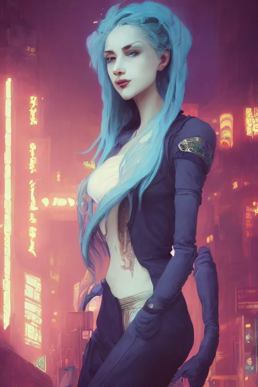 Image similar to portrait, vampire of clan banu haqim, light brown skin, night, long light blue hair, beautiful, in a cyberpunk city, neon signs, jewelry, alphonse mucha, william bouguereau, rossdraws, greg rutkowski, super detailed, realistic, octane render, volumetric, cinematic, 8 k