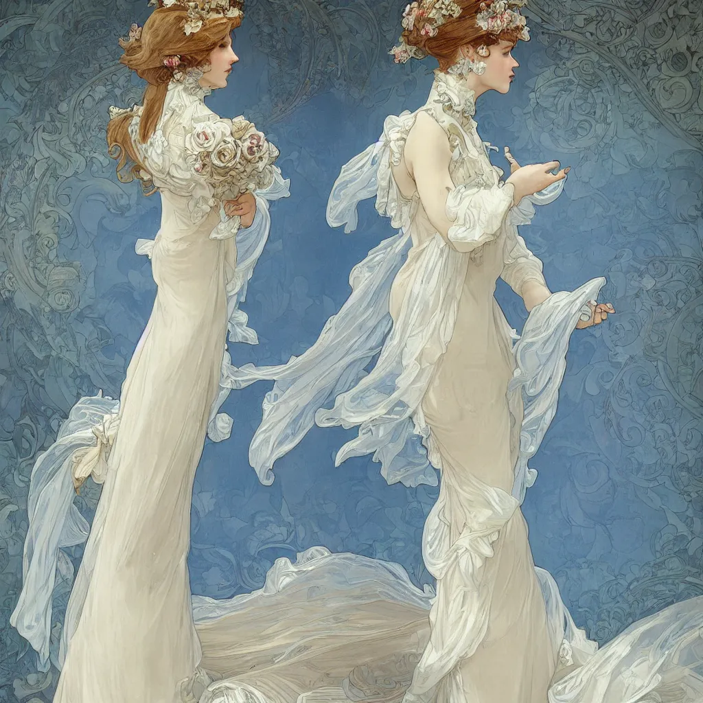 Prompt: lady dressed in a vaporous wrapped large victorian cream roses silk semi-transparent blue and cream dress fashion is running D&D, fantasy, intricate, elegant, highly detailed, digital painting, artstation, concept art, matte, sharp focus, illustration, art by and Alphonse Mucha