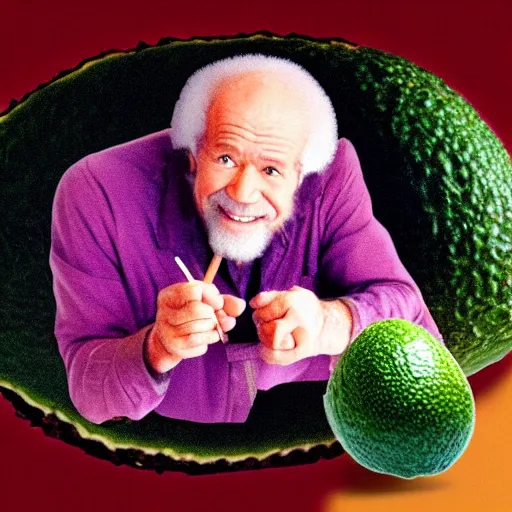 Image similar to bob ross as an embryo inside an avocado